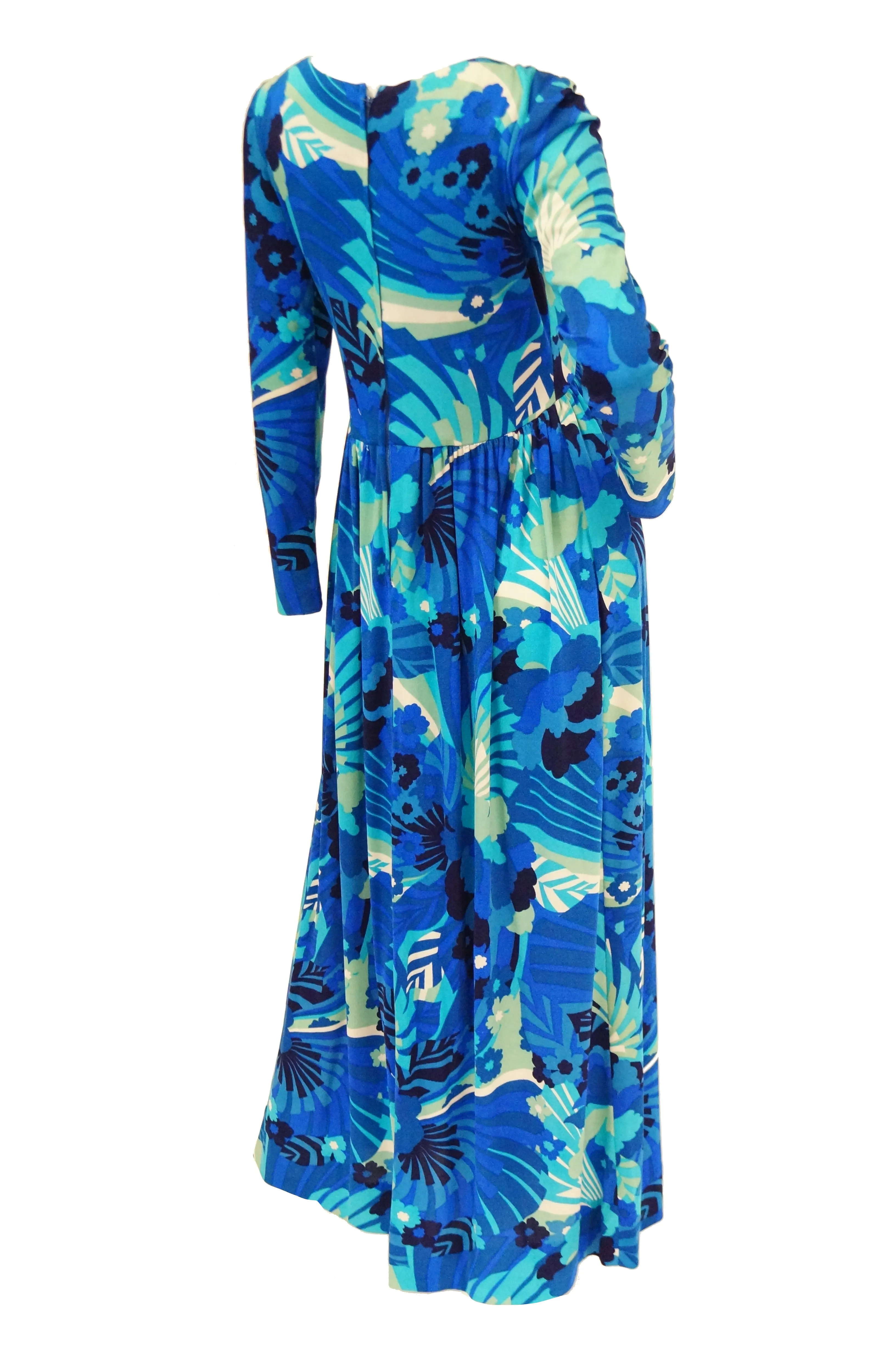 1970s Victor Costa Funky Blue Floral Knit Maxi Dress