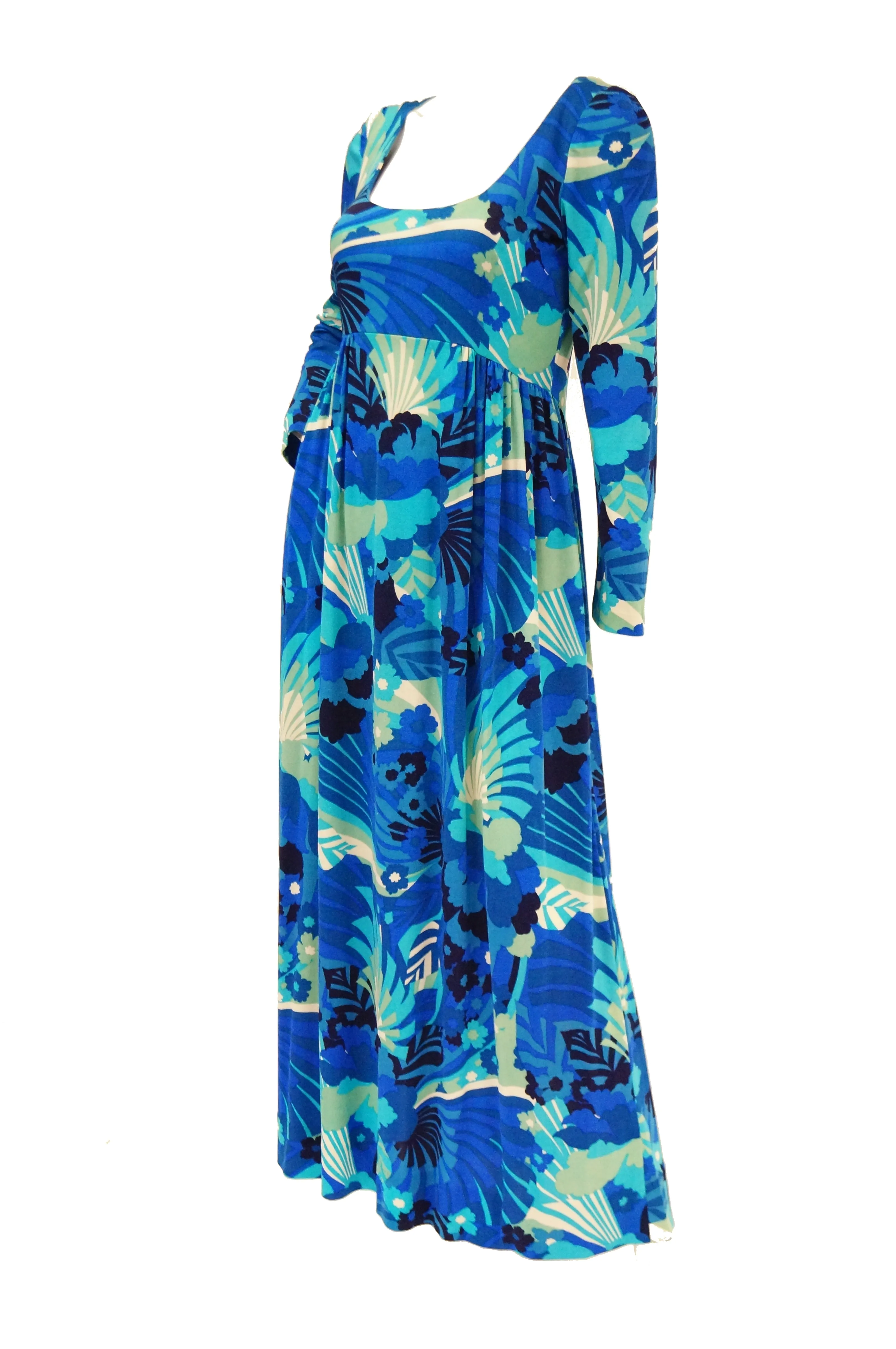 1970s Victor Costa Funky Blue Floral Knit Maxi Dress