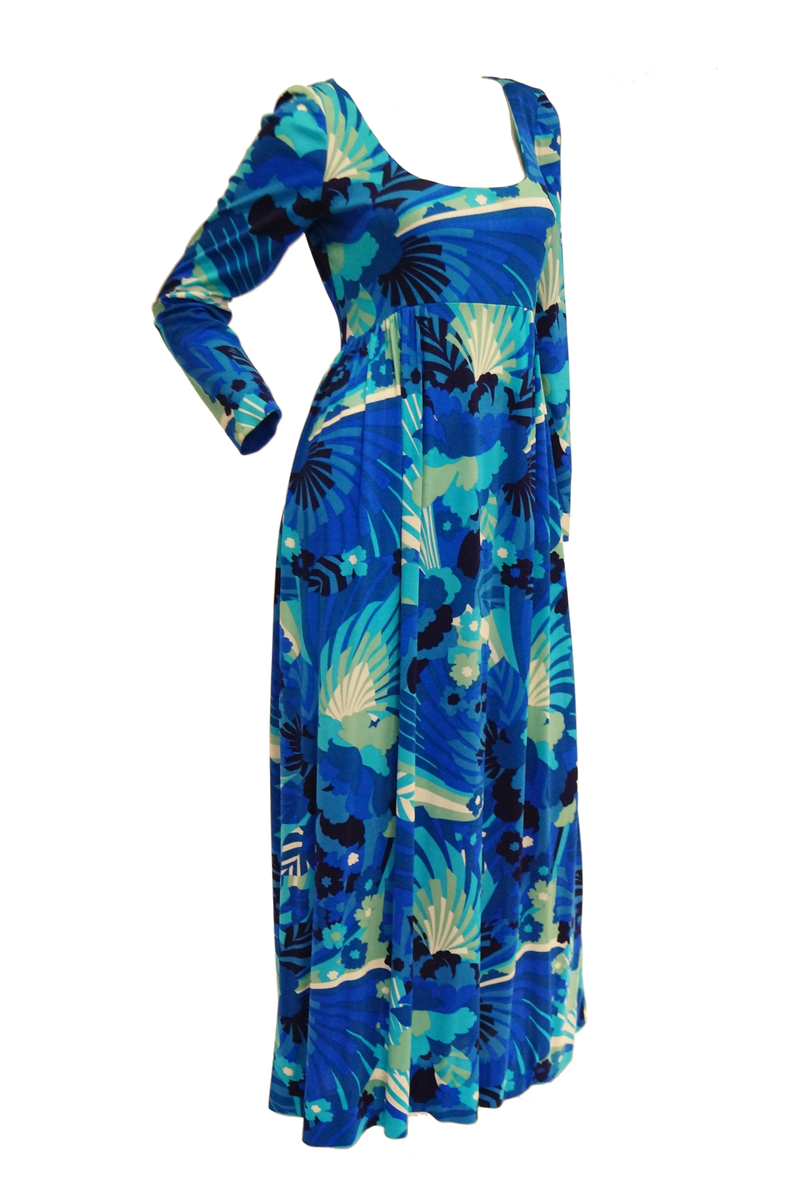 1970s Victor Costa Funky Blue Floral Knit Maxi Dress