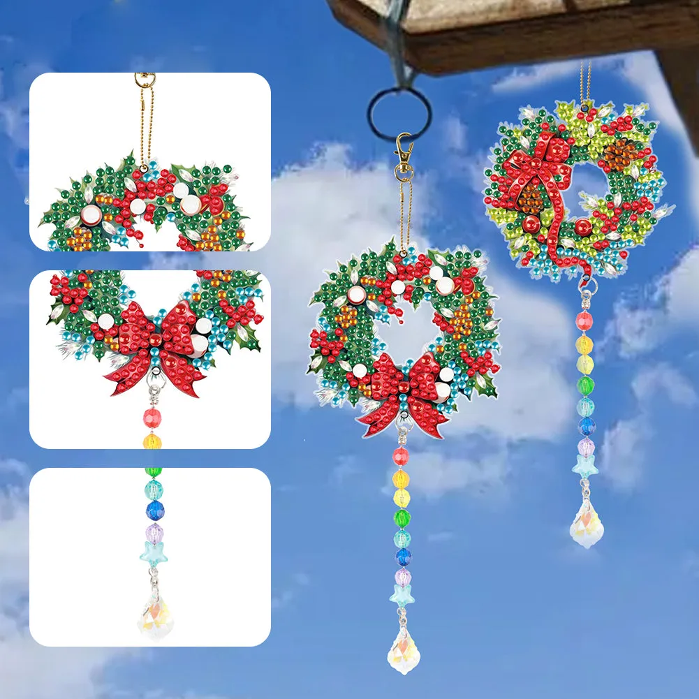 2PCS Suncatcher Diamond Painting Hanging Decor for Kid DIY Craft (Wreath #6)