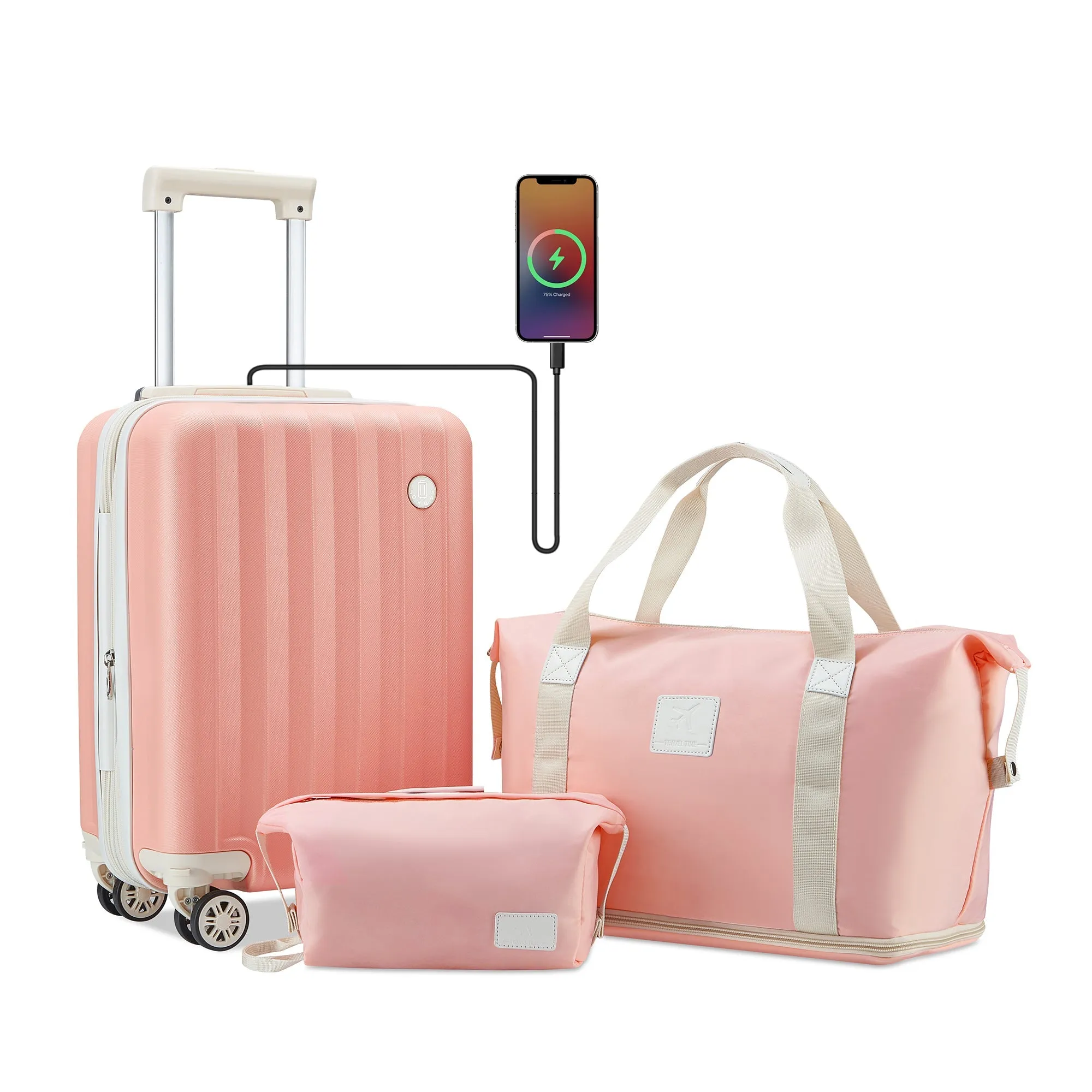 3 Pieces 18 INCH Carry On Luggage Set with Cup Holder and USB Port TR007 Plus