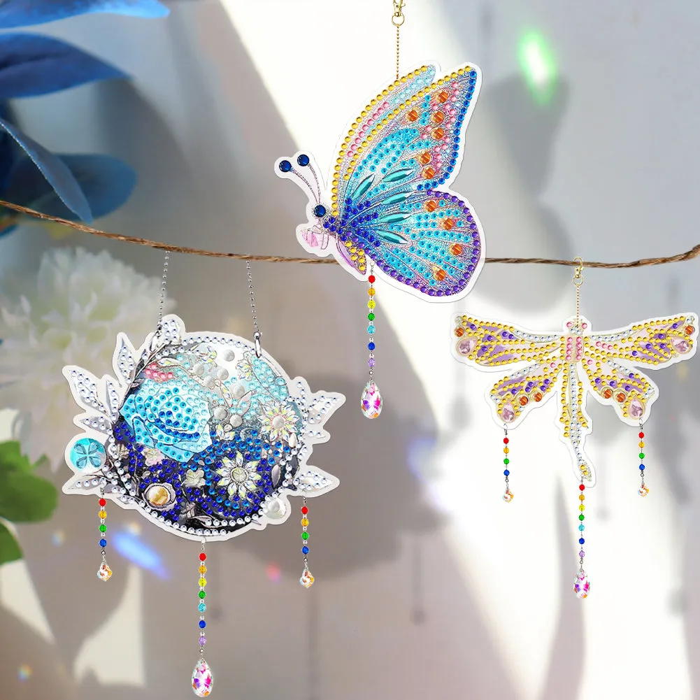 3Pcs Acrylic Double Sided Flower Animal Hanging Diamond Art Painting Suncatchers