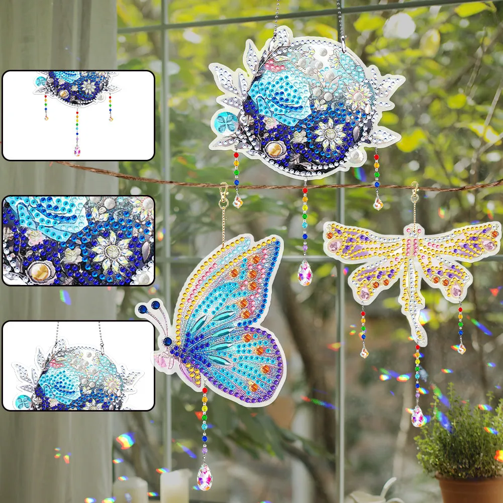 3Pcs Acrylic Double Sided Flower Animal Hanging Diamond Art Painting Suncatchers