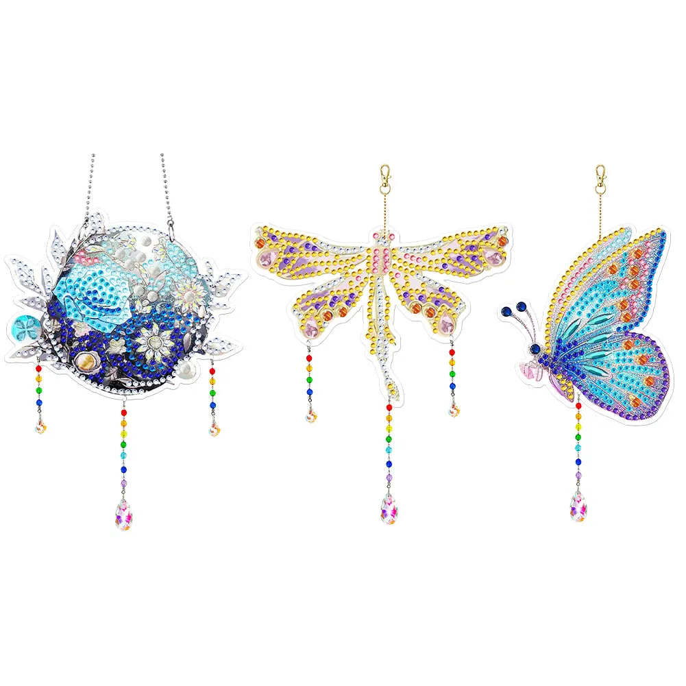 3Pcs Acrylic Double Sided Flower Animal Hanging Diamond Art Painting Suncatchers