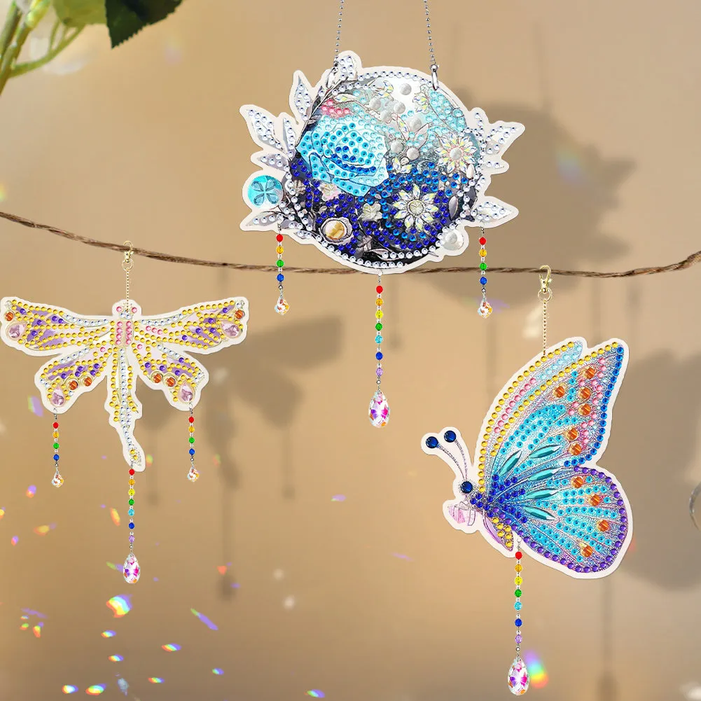 3Pcs Acrylic Double Sided Flower Animal Hanging Diamond Art Painting Suncatchers