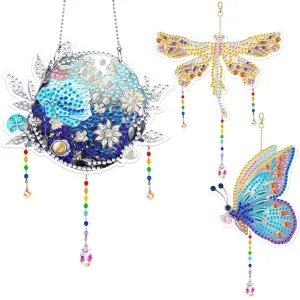 3Pcs Acrylic Double Sided Flower Animal Hanging Diamond Art Painting Suncatchers