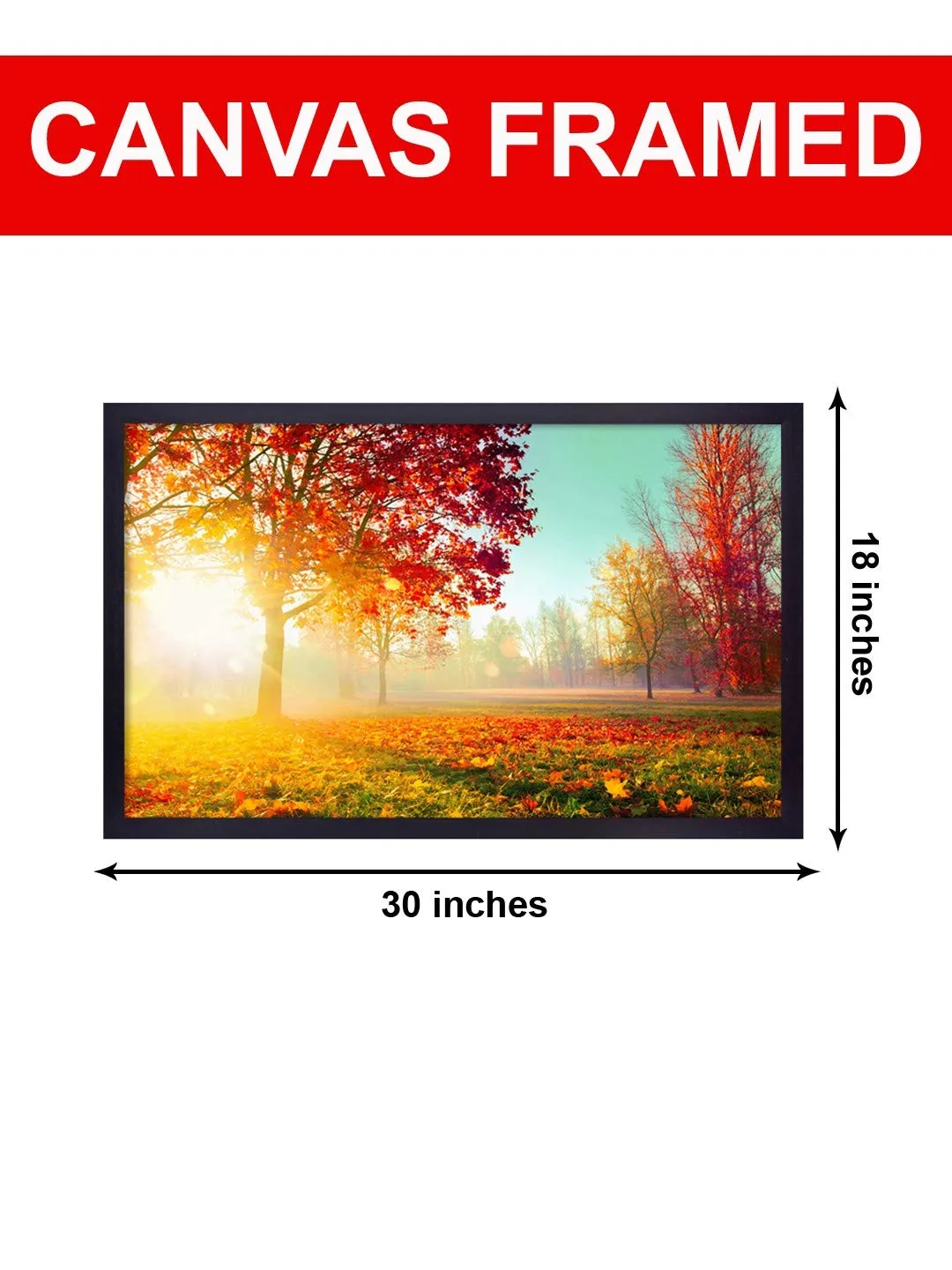 999STORE Printed Sunrise Behind The Red Leaves Trees Painting Wall Art with Black Frame (Canvas_18X30 Inches_Multi) BLFLP18300130