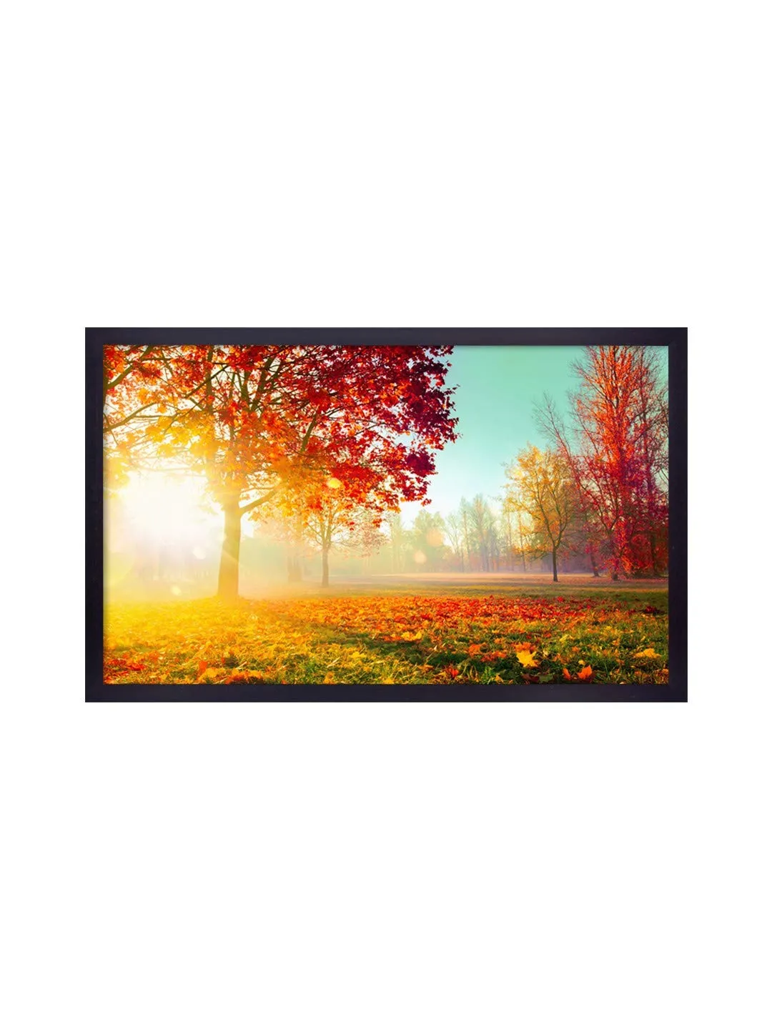 999STORE Printed Sunrise Behind The Red Leaves Trees Painting Wall Art with Black Frame (Canvas_18X30 Inches_Multi) BLFLP18300130