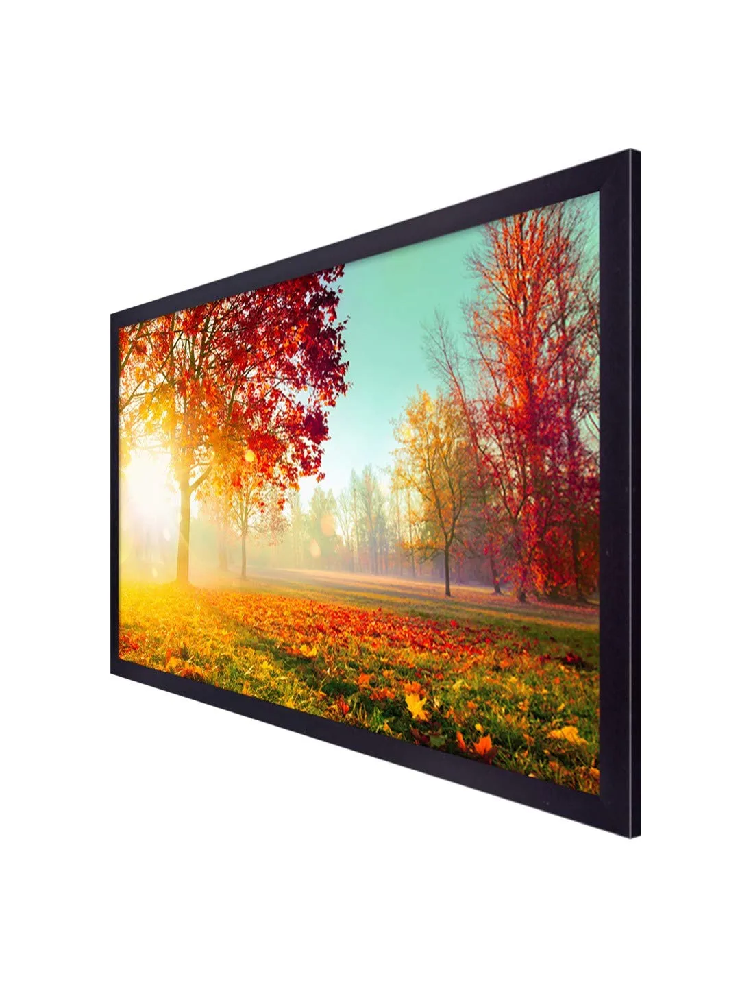 999STORE Printed Sunrise Behind The Red Leaves Trees Painting Wall Art with Black Frame (Canvas_18X30 Inches_Multi) BLFLP18300130