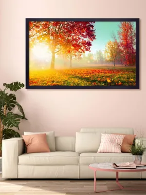 999STORE Printed Sunrise Behind The Red Leaves Trees Painting Wall Art with Black Frame (Canvas_18X30 Inches_Multi) BLFLP18300130