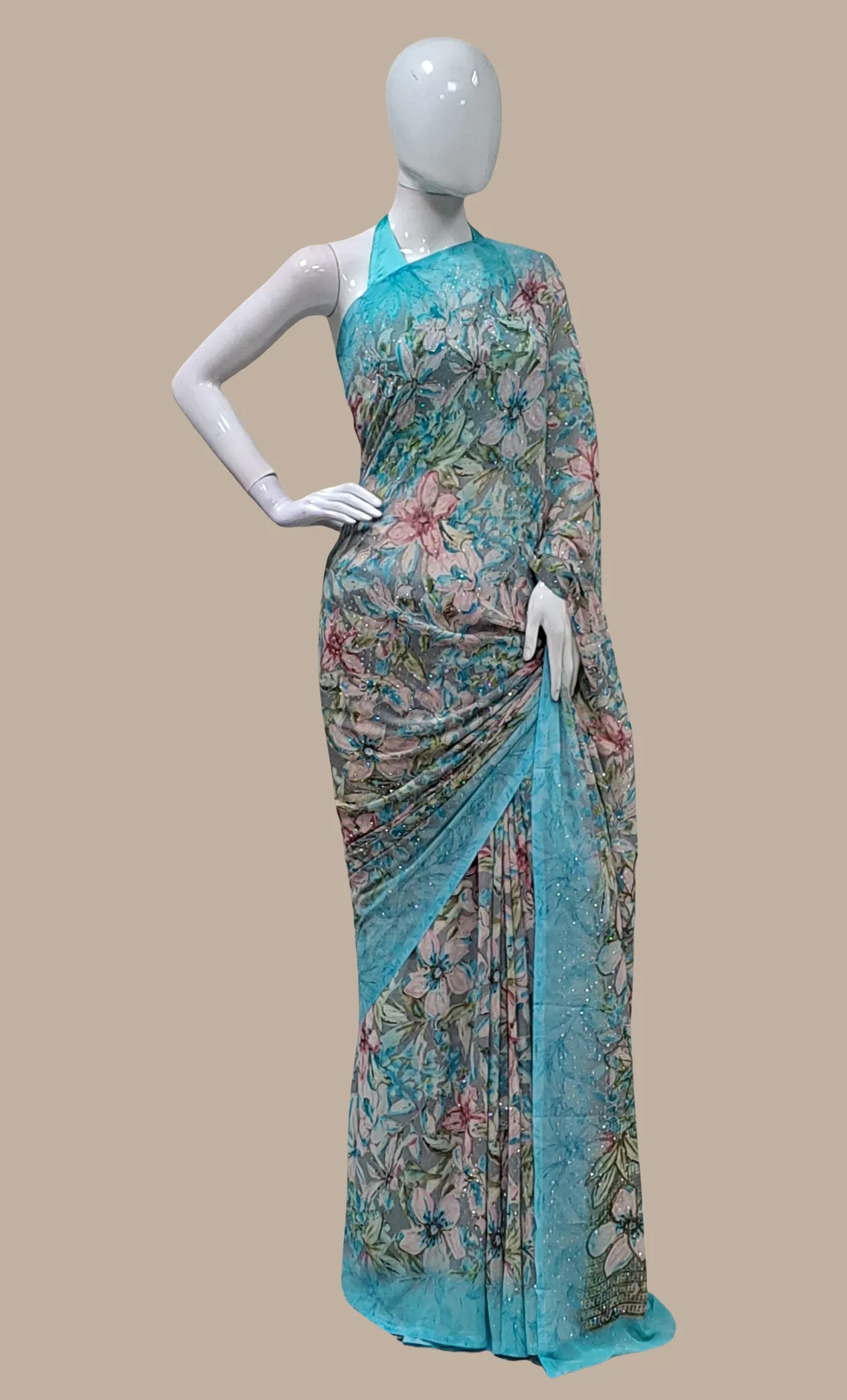 Aqua Blue Printed Sari