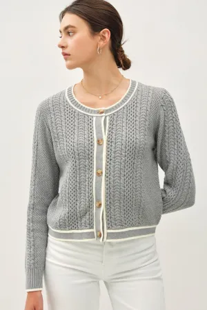 Be Cool Cable Knit Long Sleeve Contrast Edge Cardigan