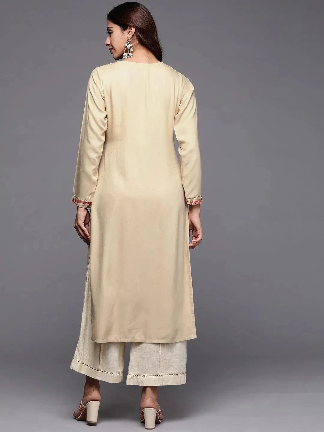 Beige Embroidered Pashmina Wool Straight Kurta