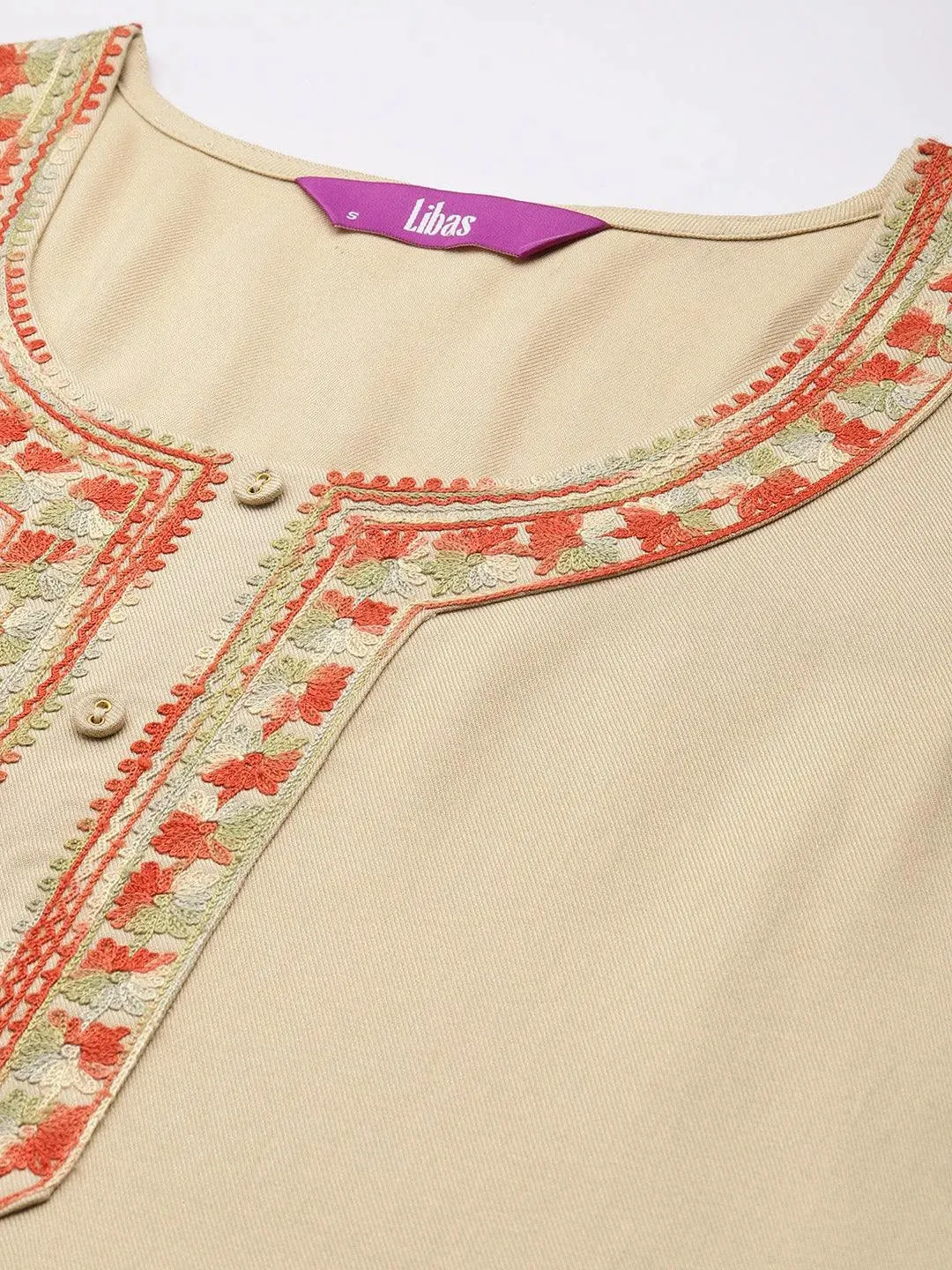 Beige Embroidered Pashmina Wool Straight Kurta