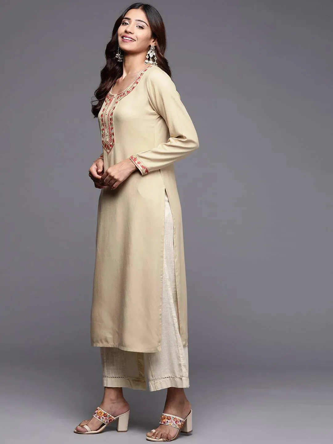 Beige Embroidered Pashmina Wool Straight Kurta