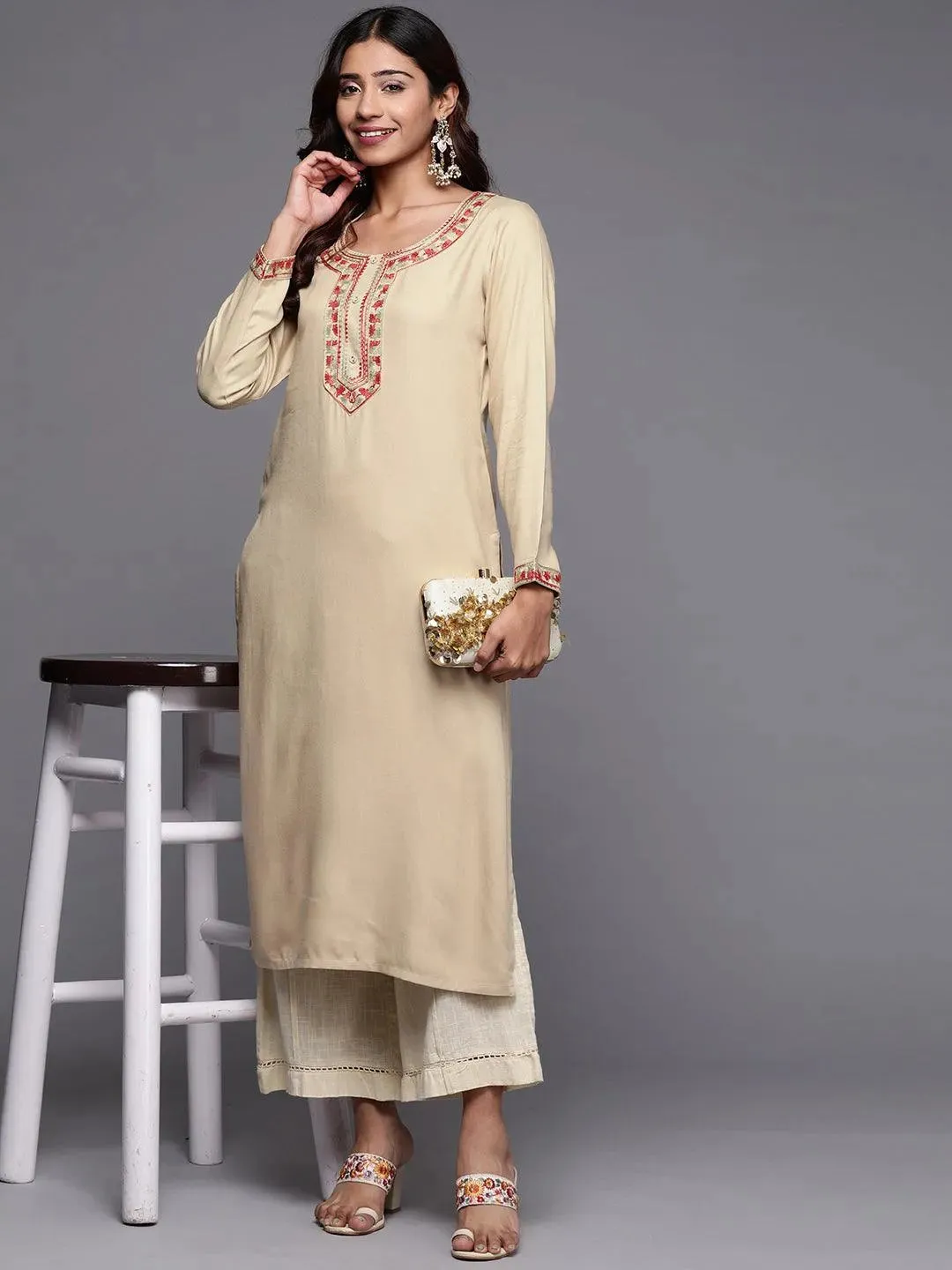 Beige Embroidered Pashmina Wool Straight Kurta