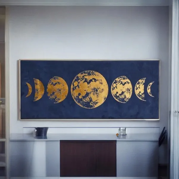 Blue & Gold Moon Print Suede Canvas Wall Art