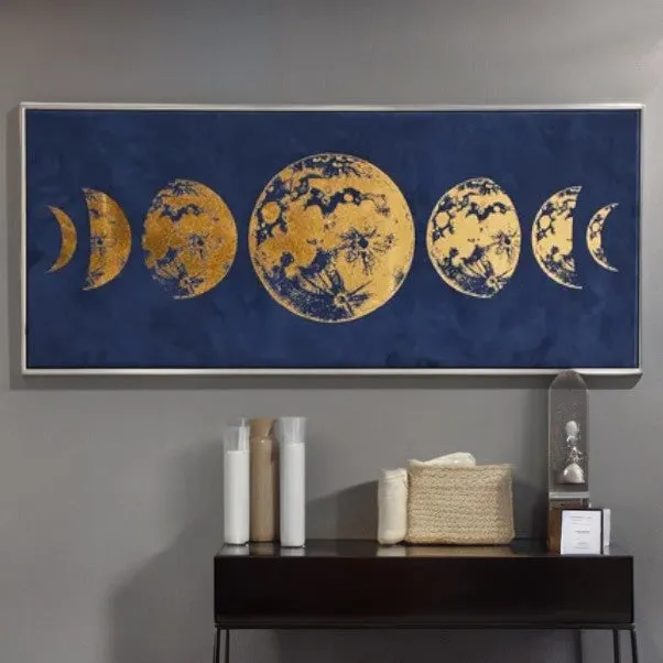 Blue & Gold Moon Print Suede Canvas Wall Art