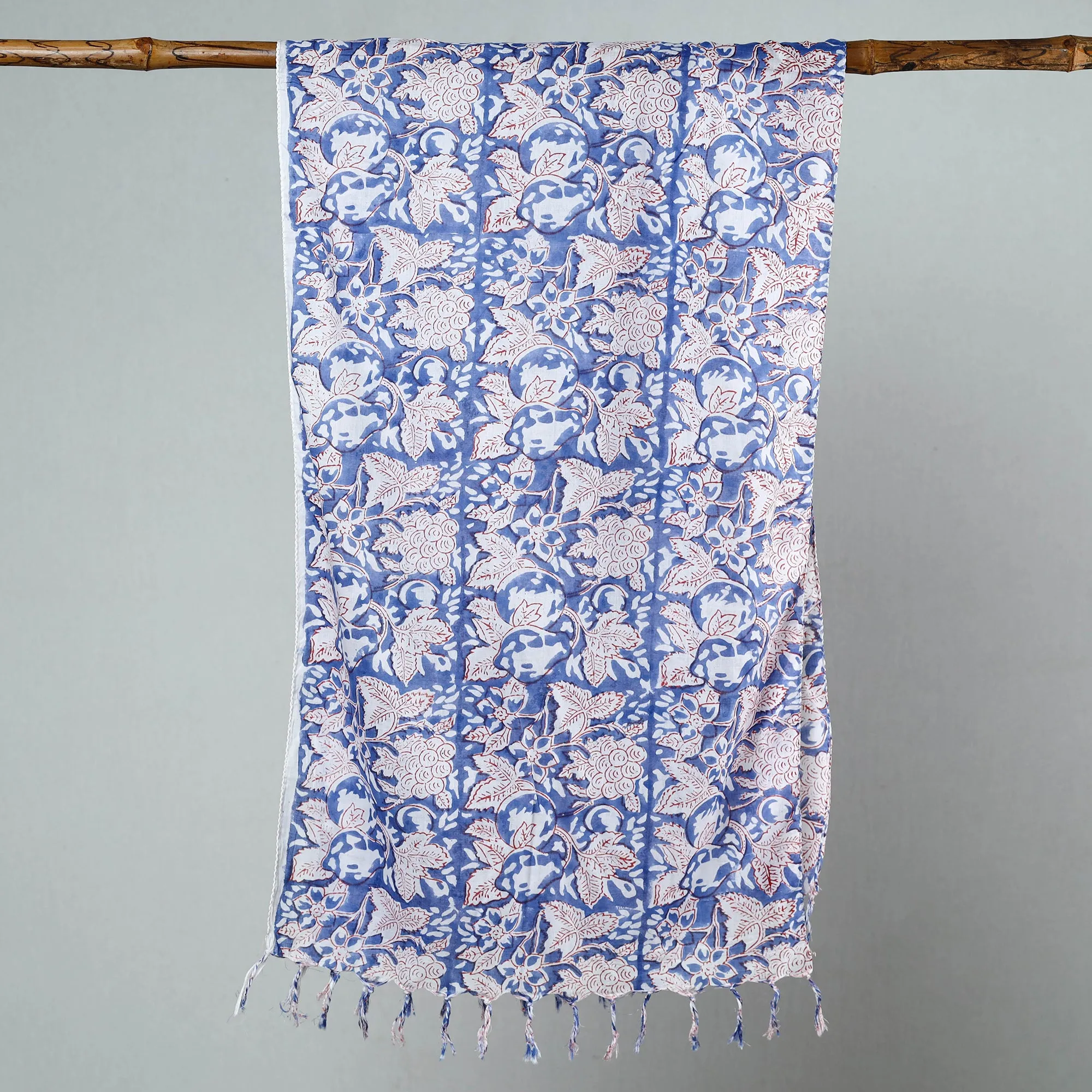 Blue - Sanganeri Block Printed Cotton Stole with Tassels 28