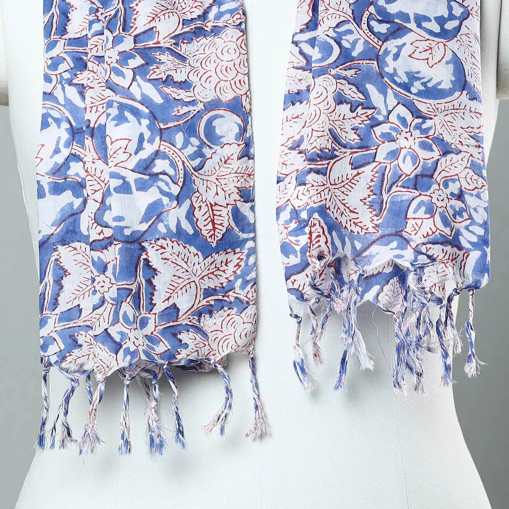 Blue - Sanganeri Block Printed Cotton Stole with Tassels 28