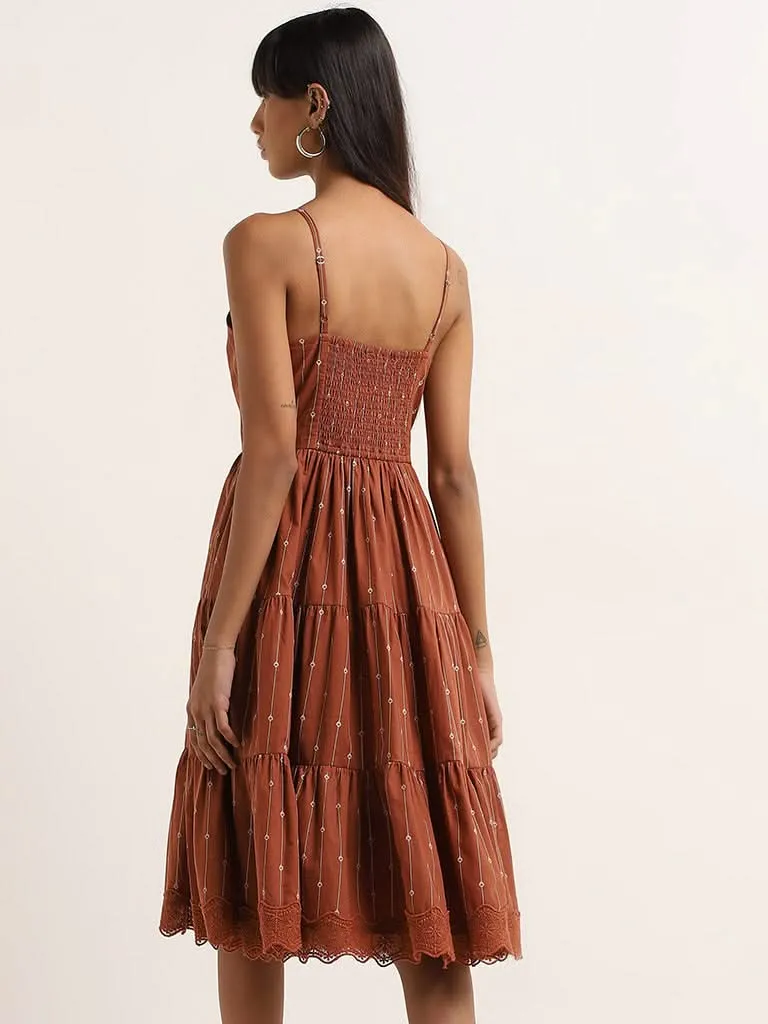 Bombay Paisley Rust Embroidered Tiered Cotton Dress