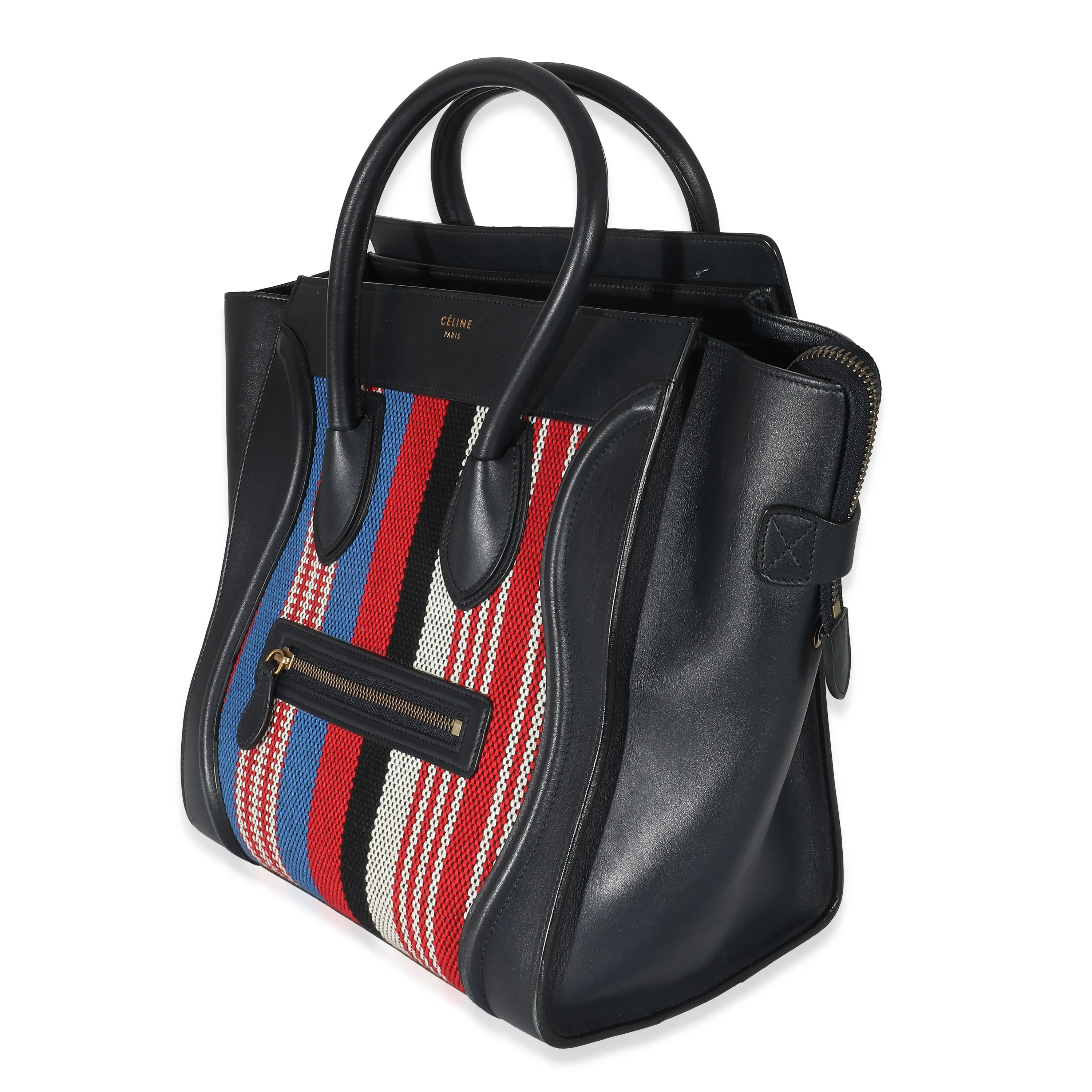 Celine Smooth Navy Calfskin Canvas Stripe Mini Luggage Tote