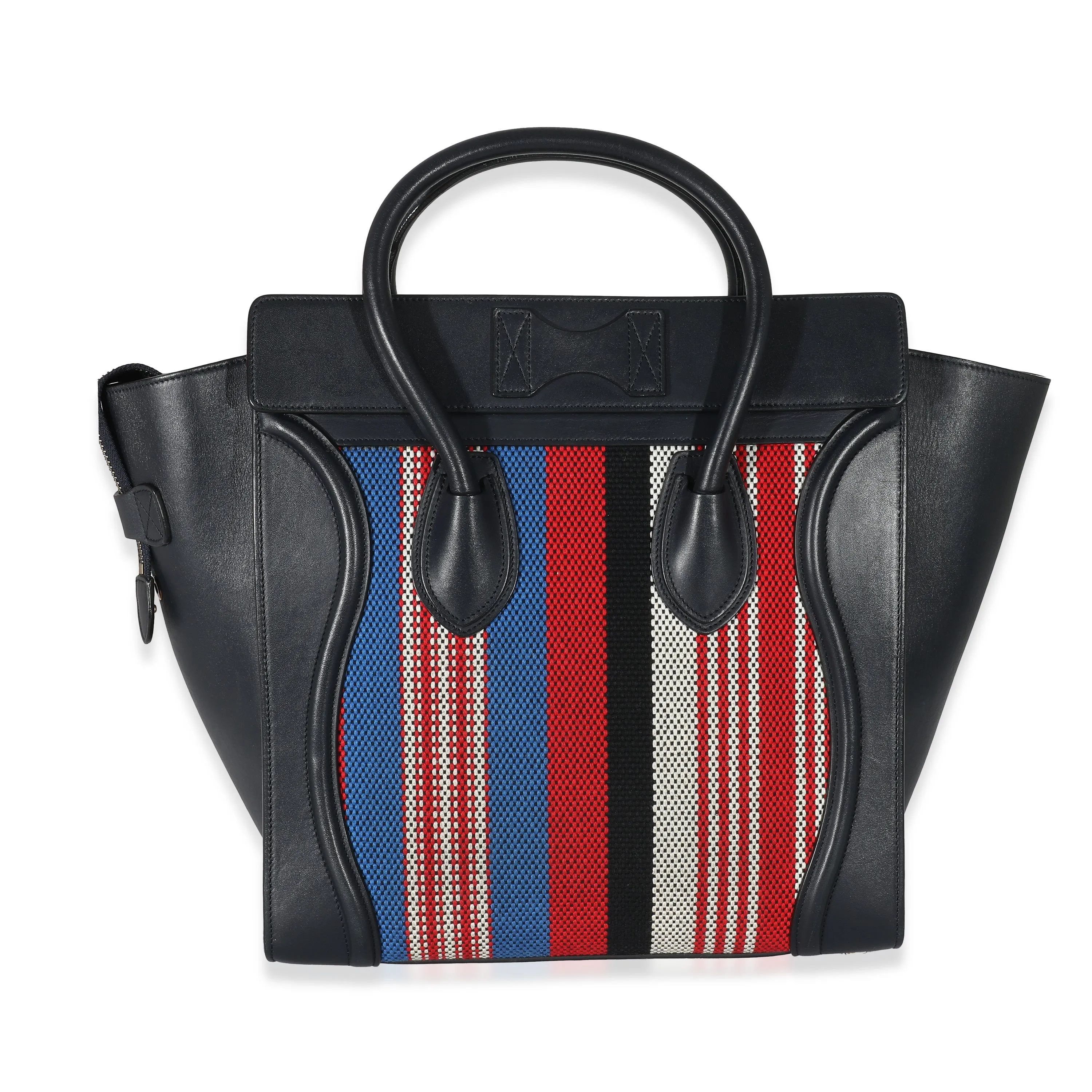 Celine Smooth Navy Calfskin Canvas Stripe Mini Luggage Tote