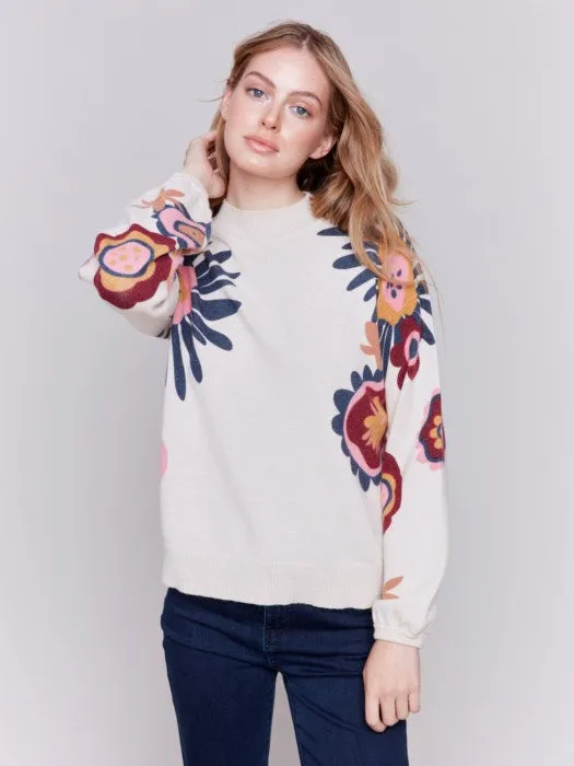 Charlie B C2689 Floral Print Mock Neck Sweater