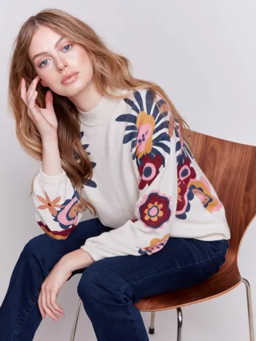 Charlie B C2689 Floral Print Mock Neck Sweater