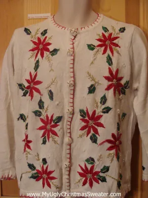 Corny Ugly Christmas Sweater Jumper with Poinsettias and Ivy