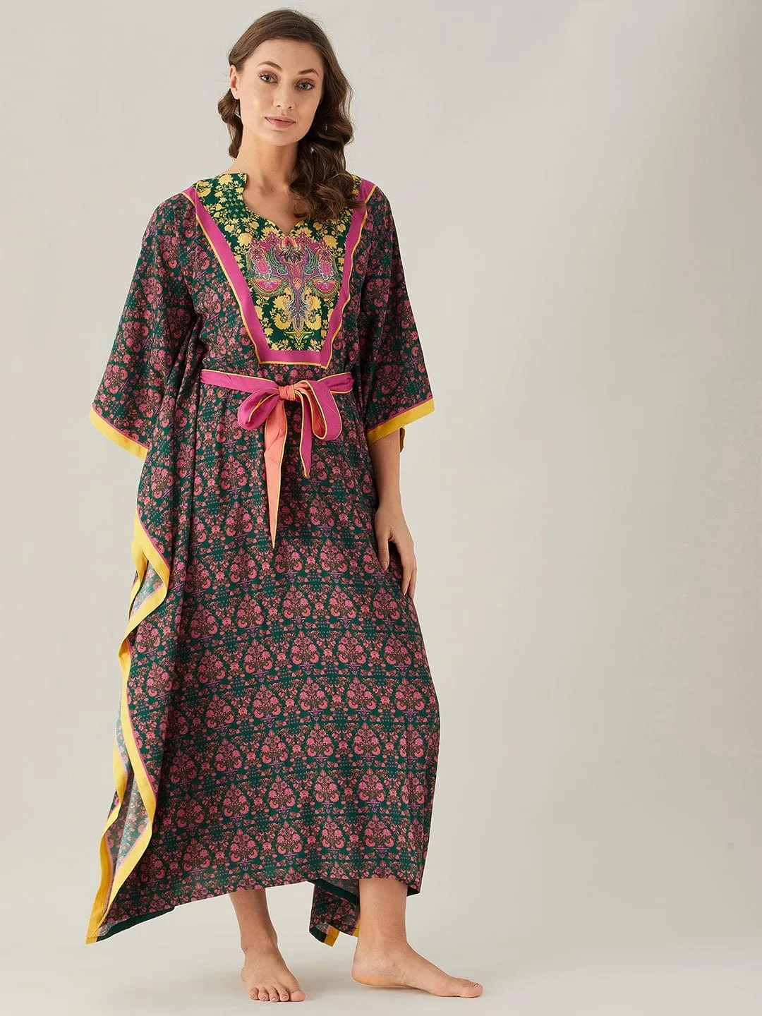 Dark Green And Pink Floral Loungewear Kaftan