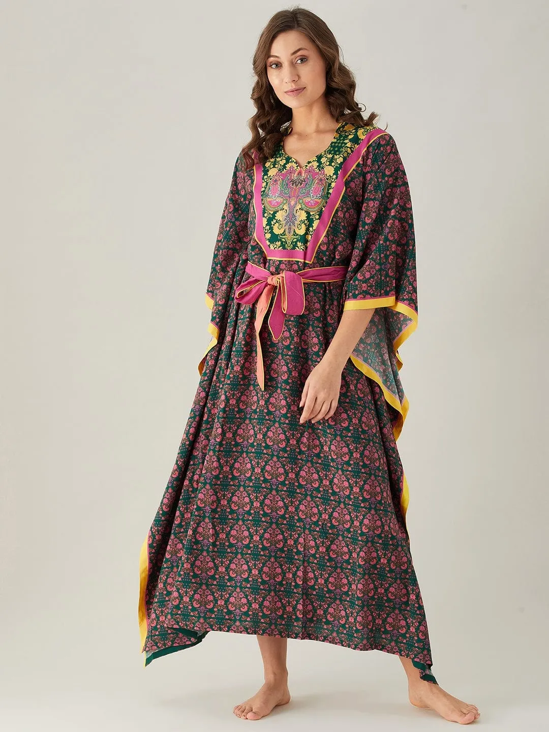 Dark Green And Pink Floral Loungewear Kaftan