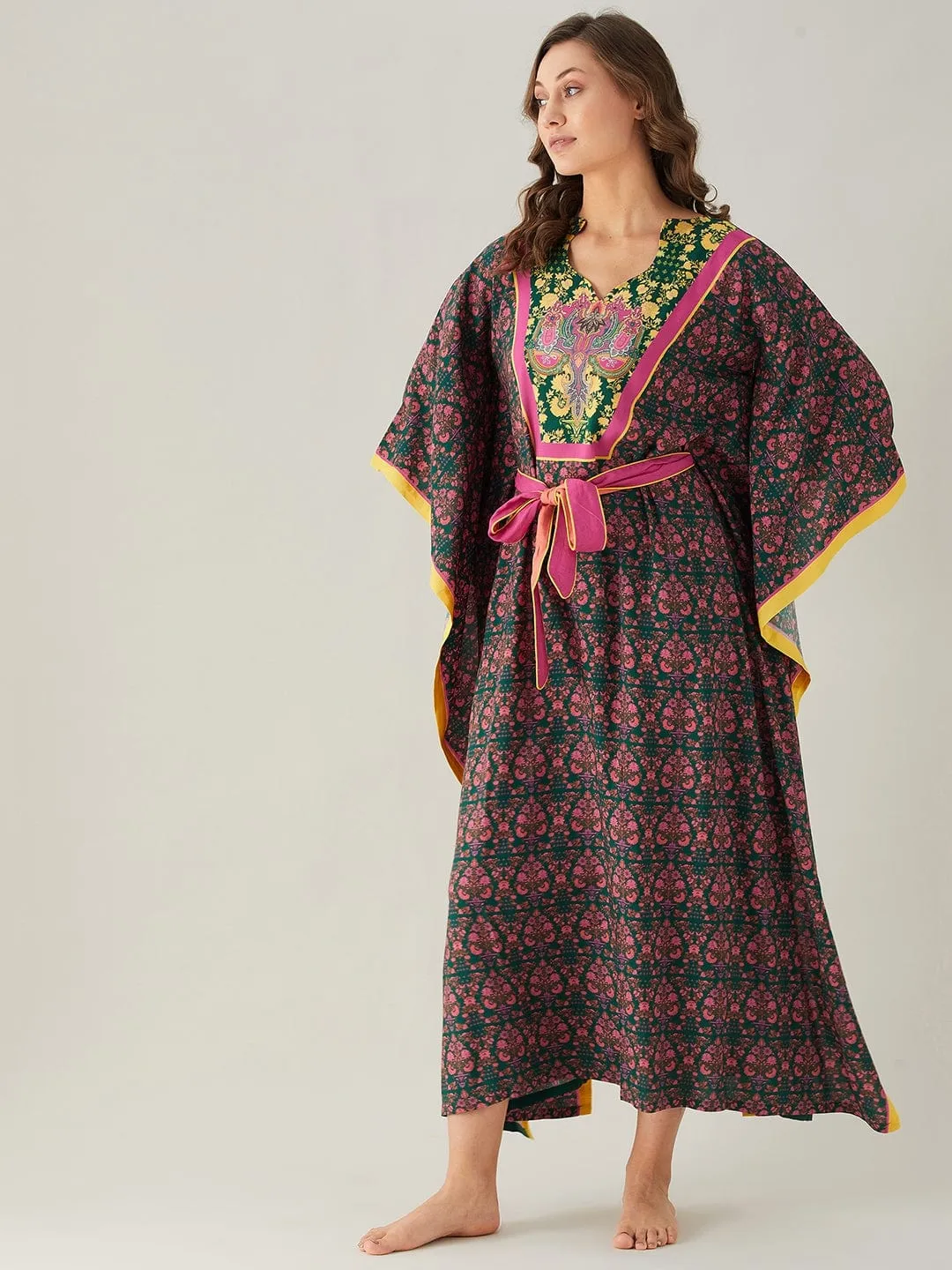 Dark Green And Pink Floral Loungewear Kaftan