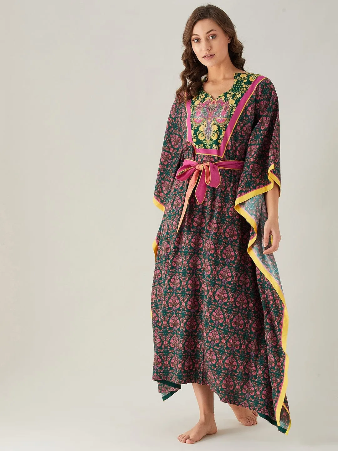 Dark Green And Pink Floral Loungewear Kaftan