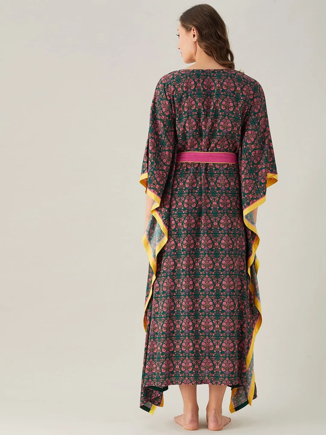 Dark Green And Pink Floral Loungewear Kaftan