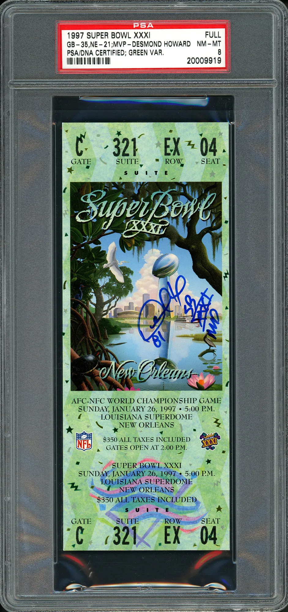 Desmond Howard Autographed 1997 Super Bowl Ticket Green Variation Green Bay Packers PSA 8 "SB XXXI MVP" PSA/DNA Stock #211268