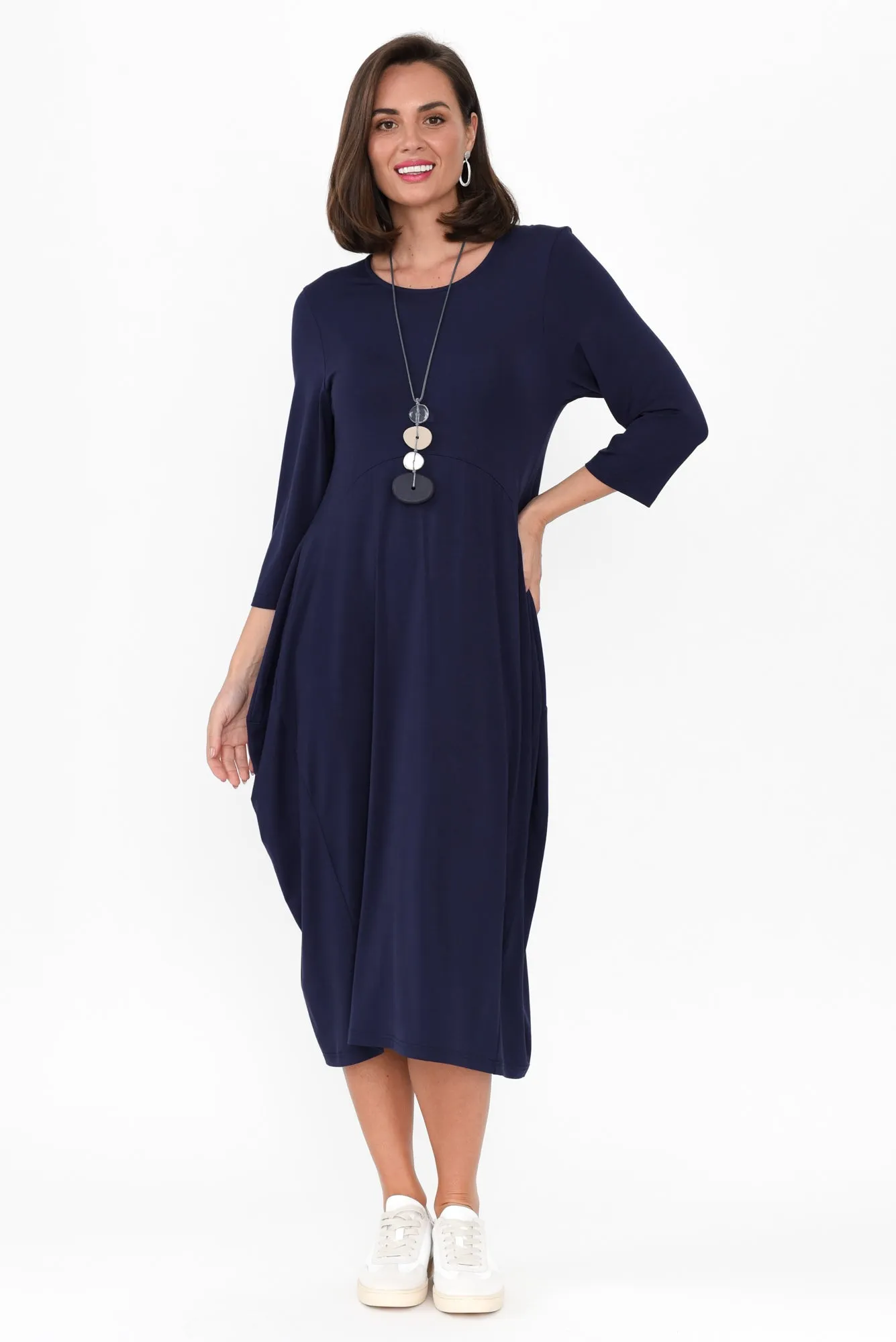 Glenda Navy Sleeved Crescent Dress