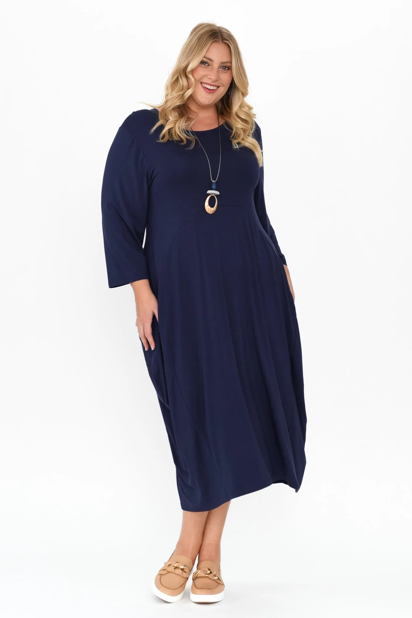 Glenda Navy Sleeved Crescent Dress