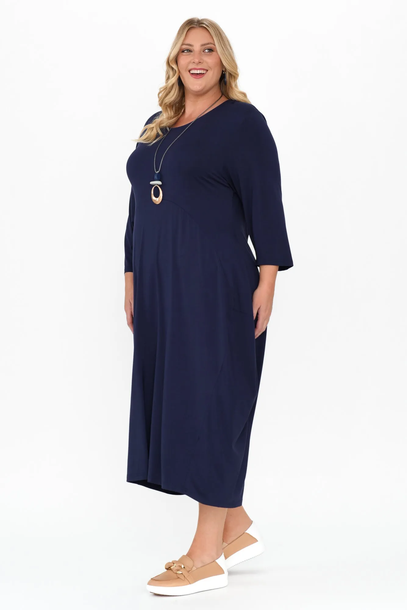 Glenda Navy Sleeved Crescent Dress