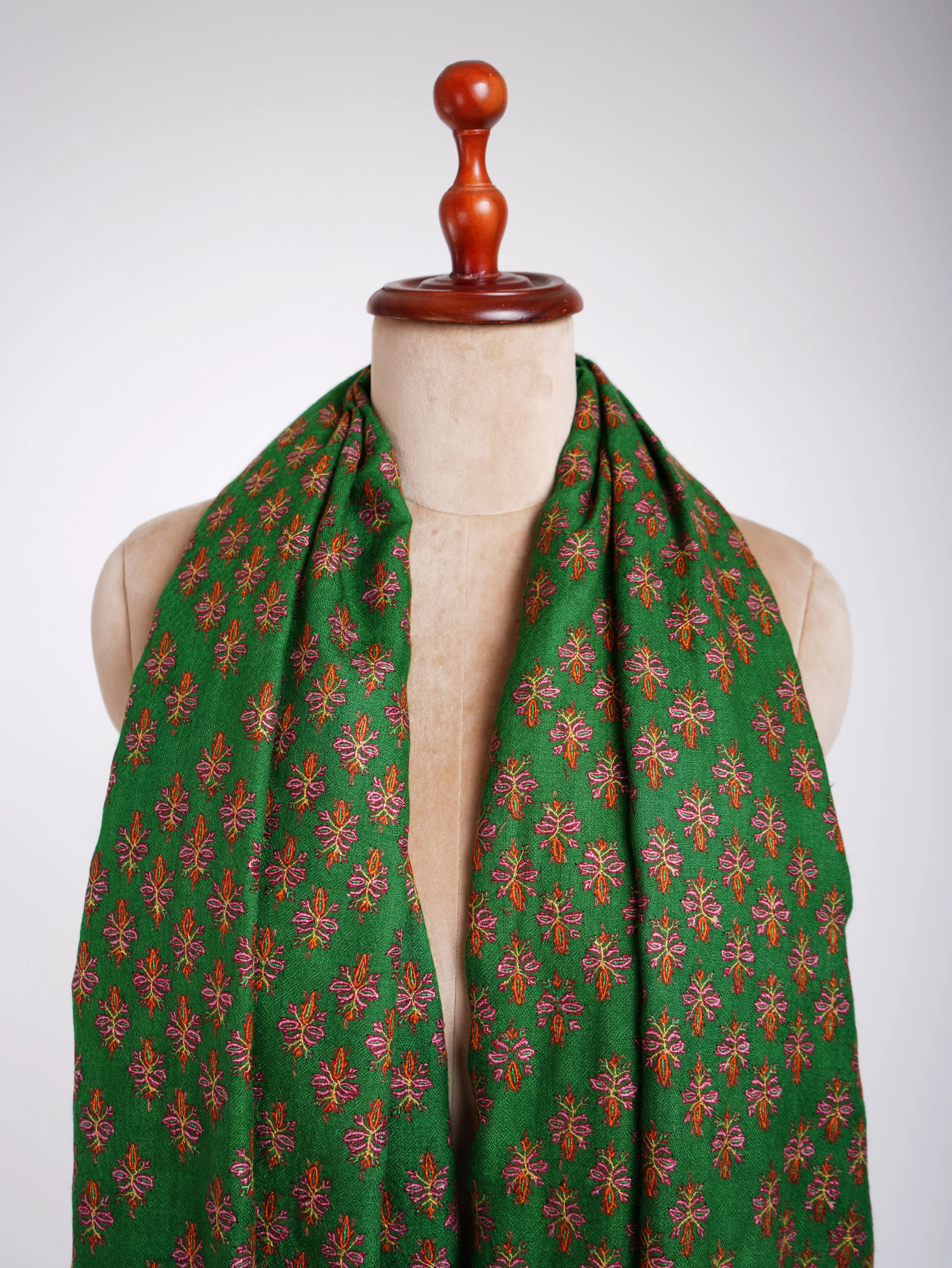 Green Mughal Stars Hand Embroidered Pashmina Shawl