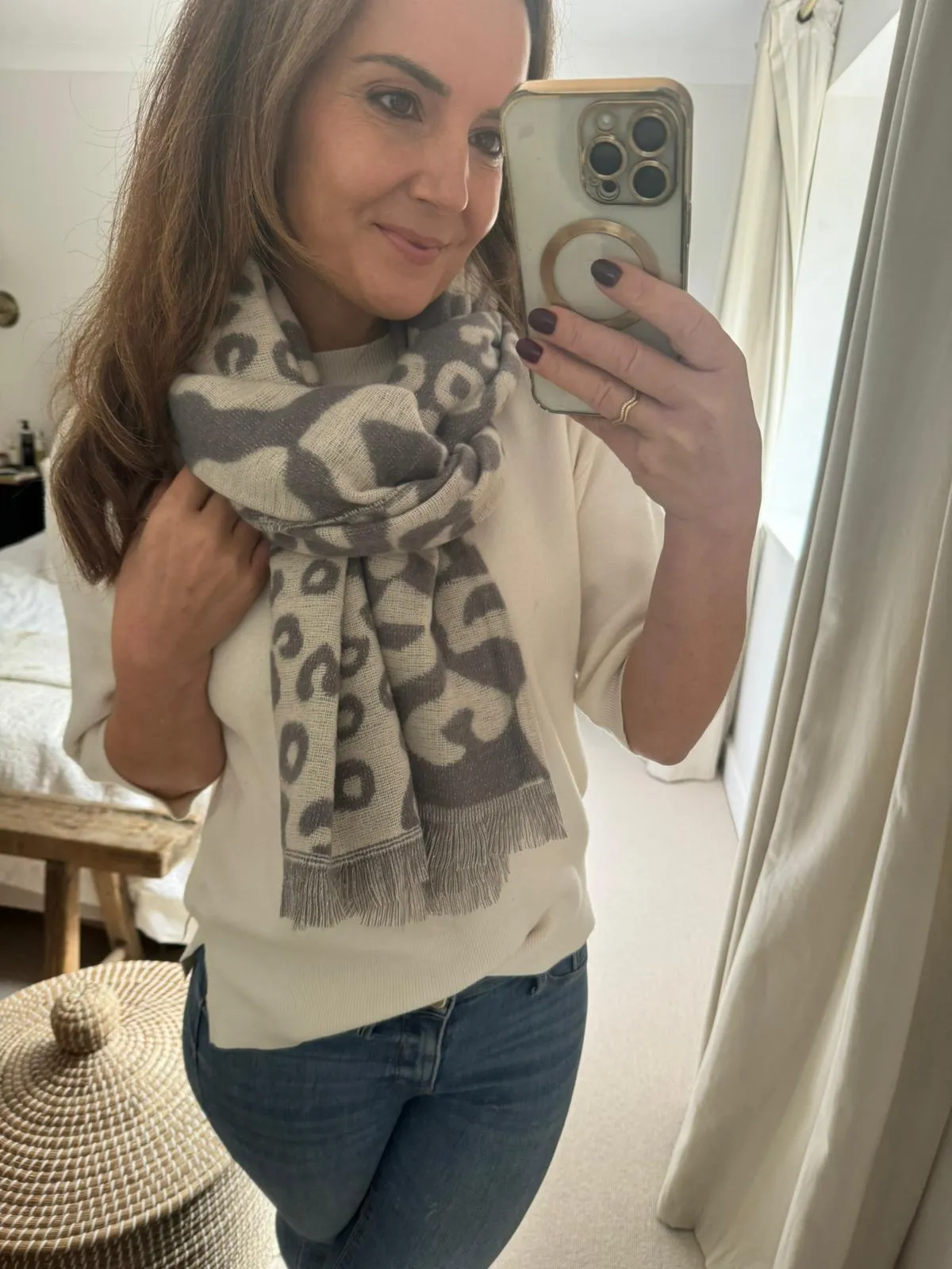 Grey and White Print Knit Scarf