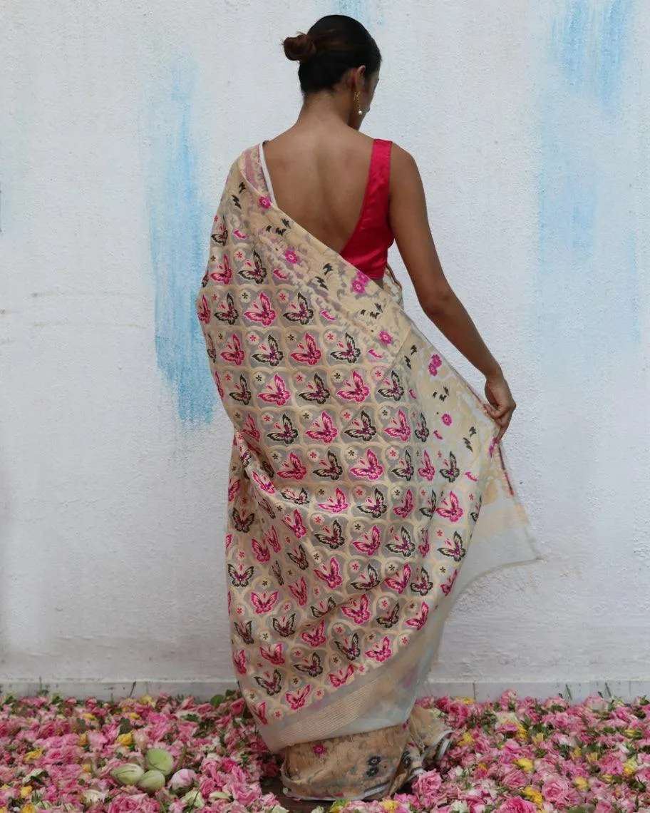 Gul-Khwaab Handwoven Jamdani Pure Linen Saree