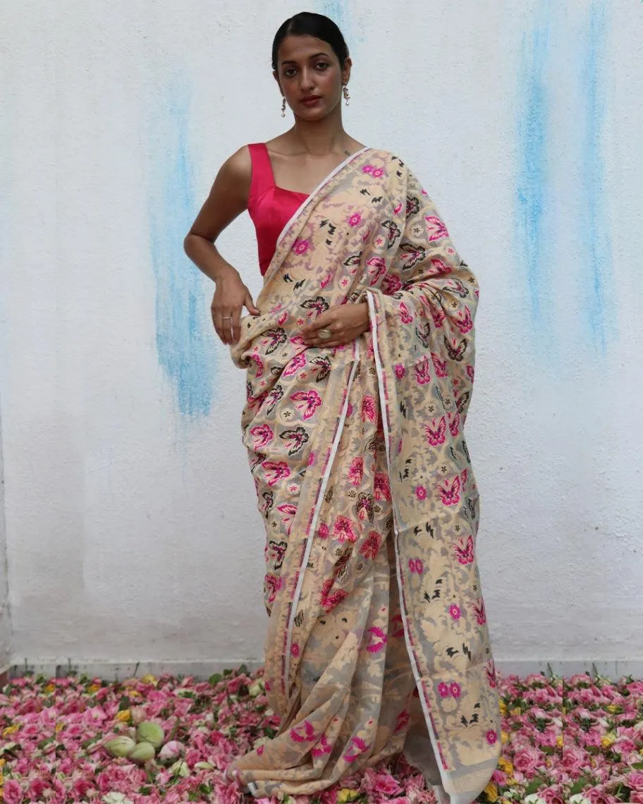 Gul-Khwaab Handwoven Jamdani Pure Linen Saree