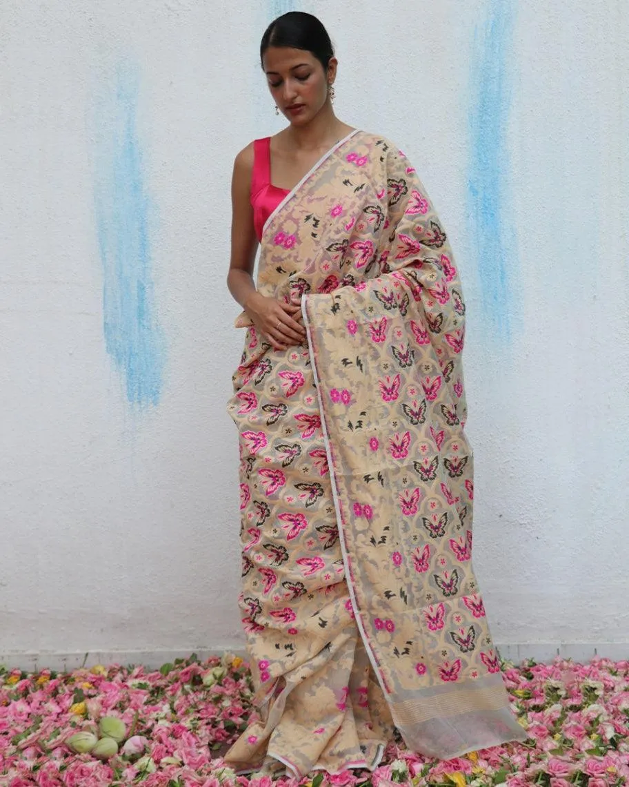 Gul-Khwaab Handwoven Jamdani Pure Linen Saree