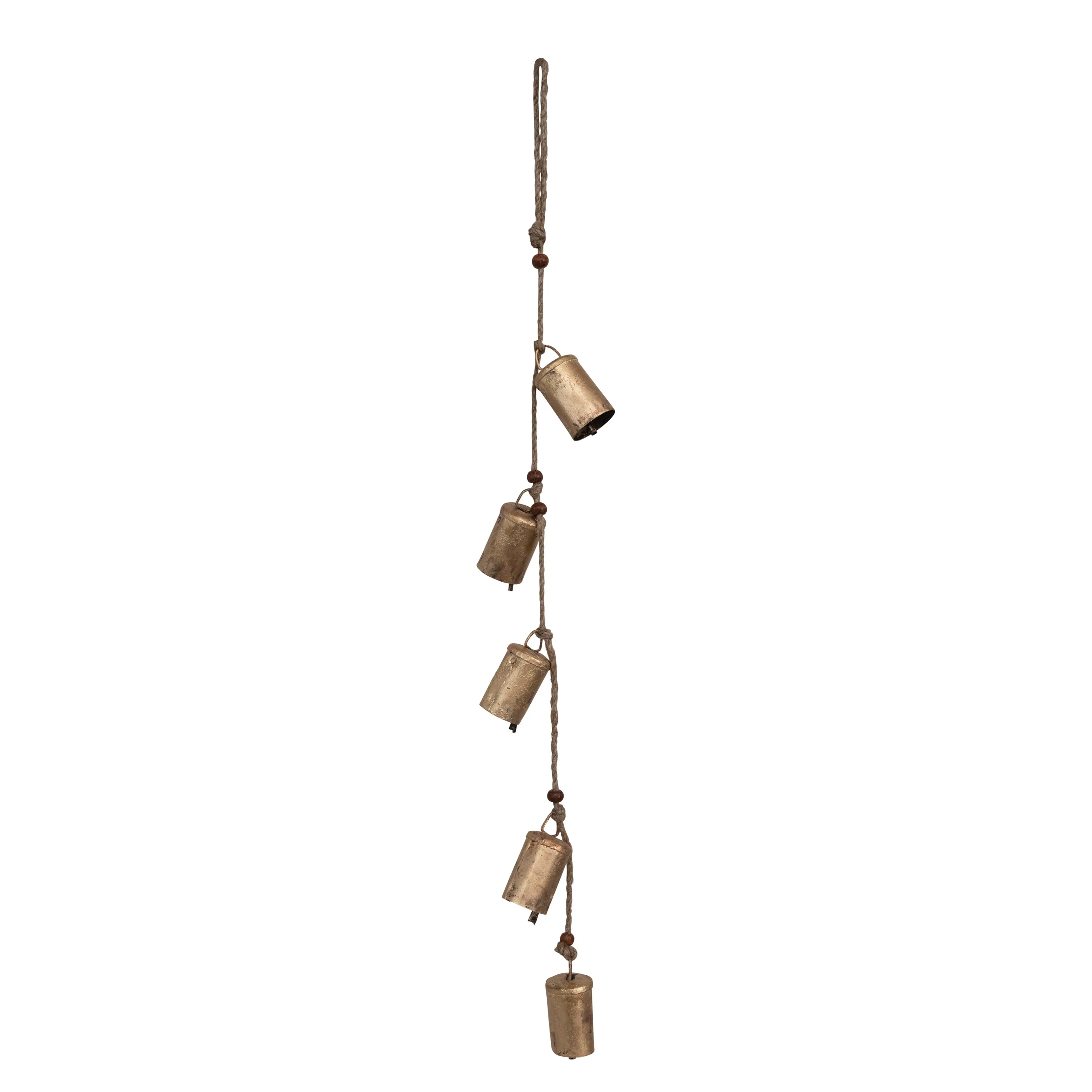 Hanging Antique Brass Metal Bells with Wood Beads & Jute Rope | 28 inches