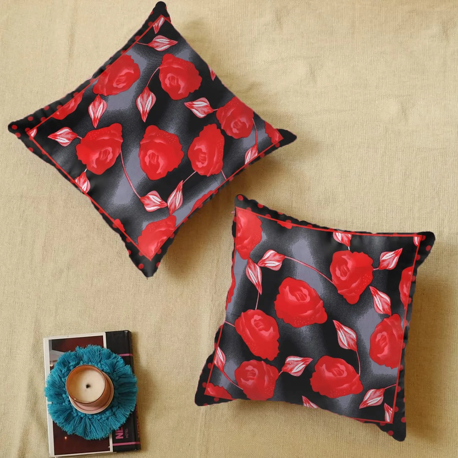 Heart Home Cushion Cover|Sofa Cushion Covers|Rose Print Sitting Cushion Cover|Cotton Cushion Filler|16x16 Inch|Set of 5 (Red)