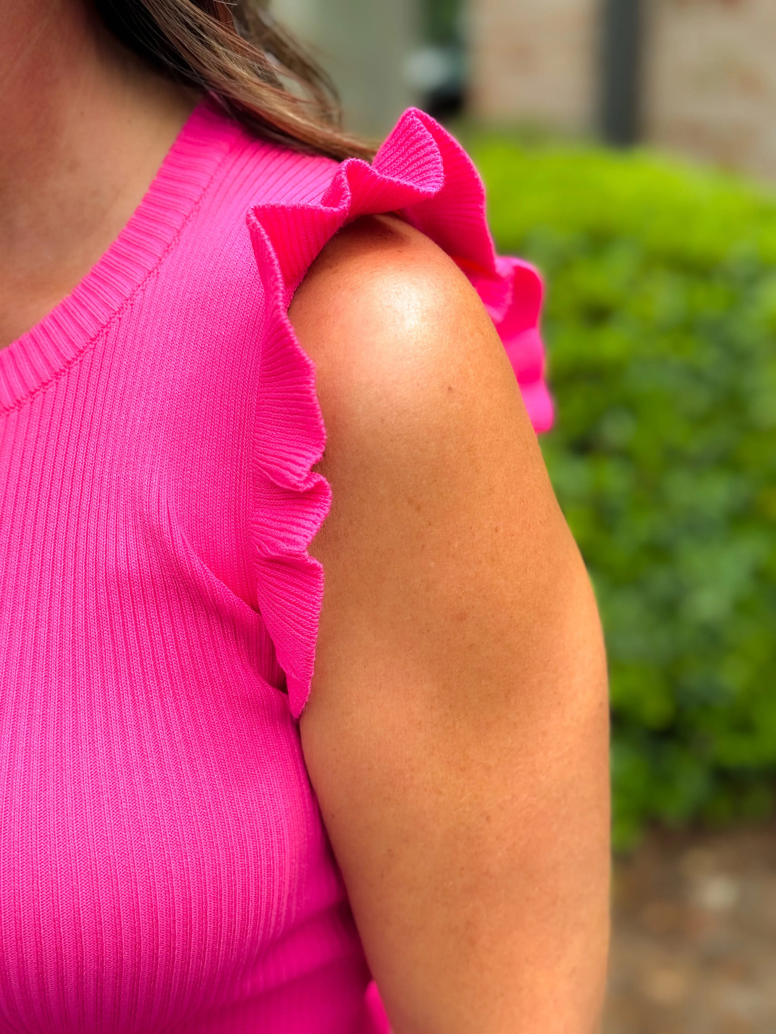 Home Tonight Fuchsia Ruffle Sleeveless Sweater Knit Top