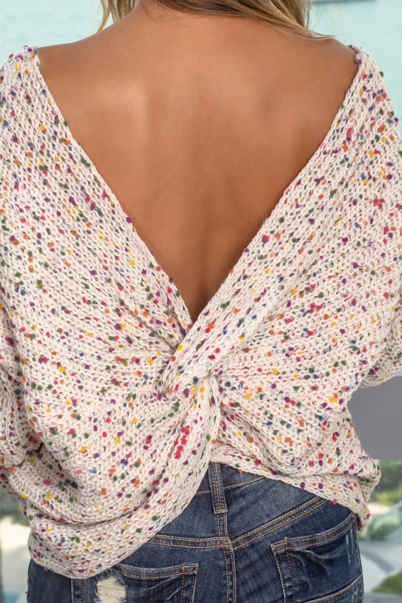 Ivory Multi Colored Knit Sweater with Twist Back