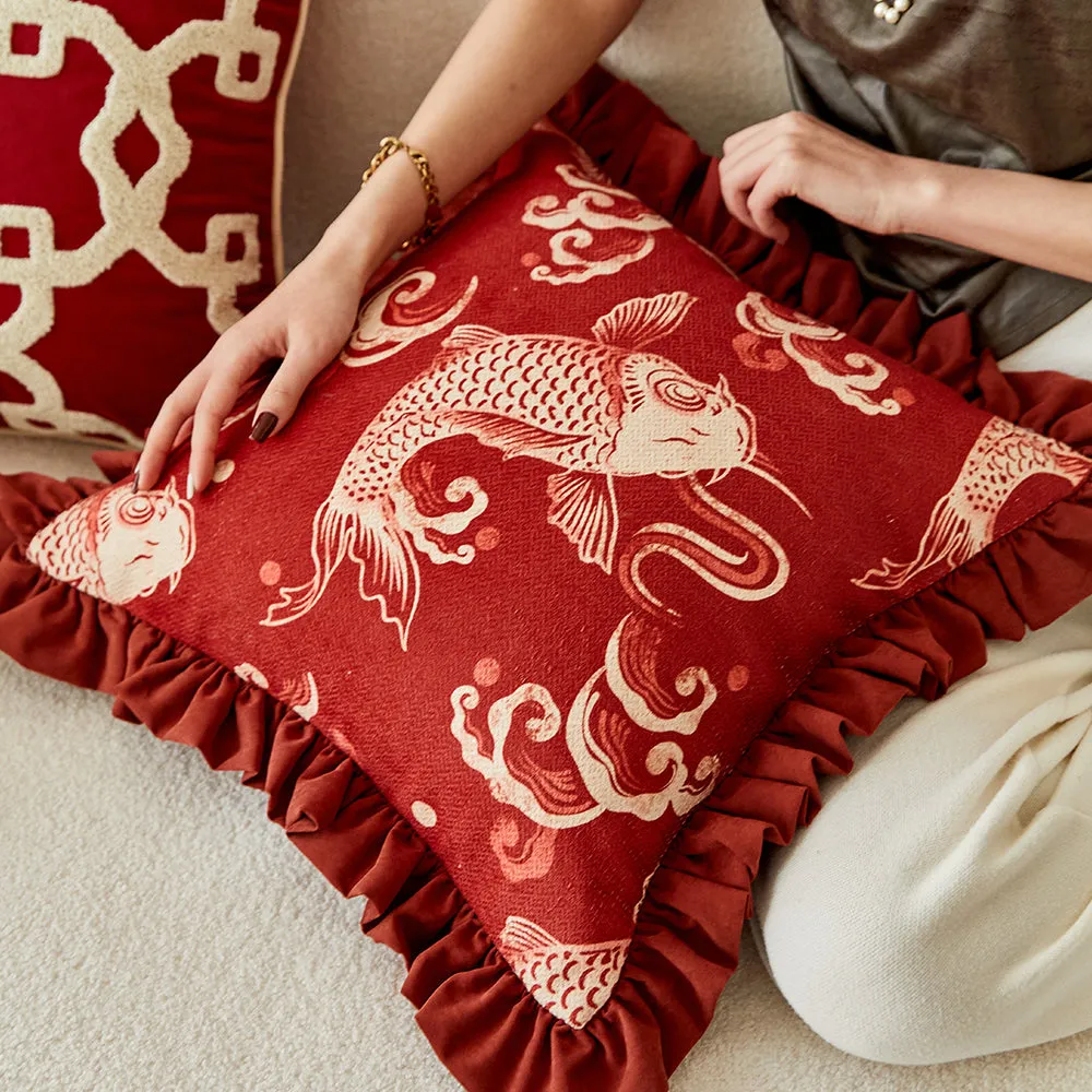 Koi Oriental Classical Print Red Pillow Cover