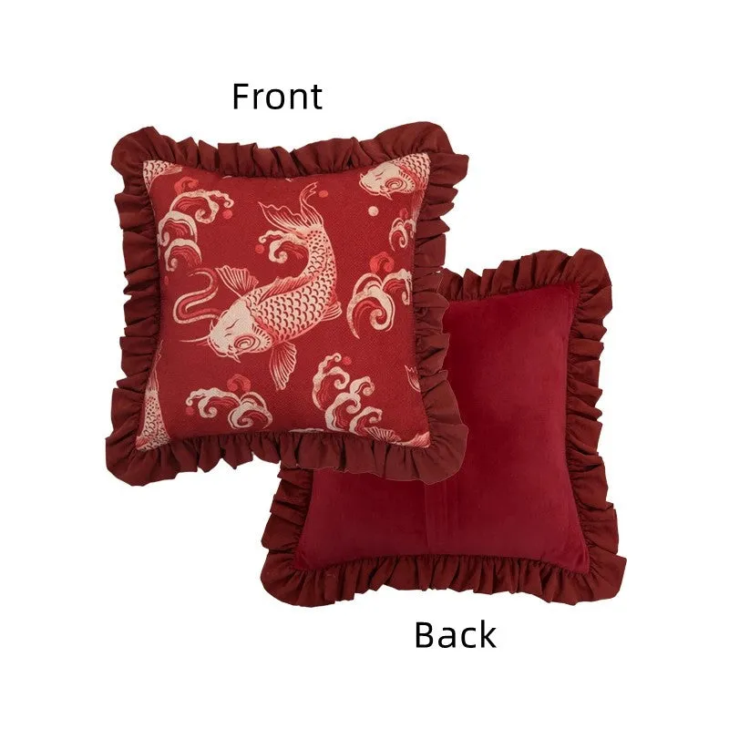 Koi Oriental Classical Print Red Pillow Cover